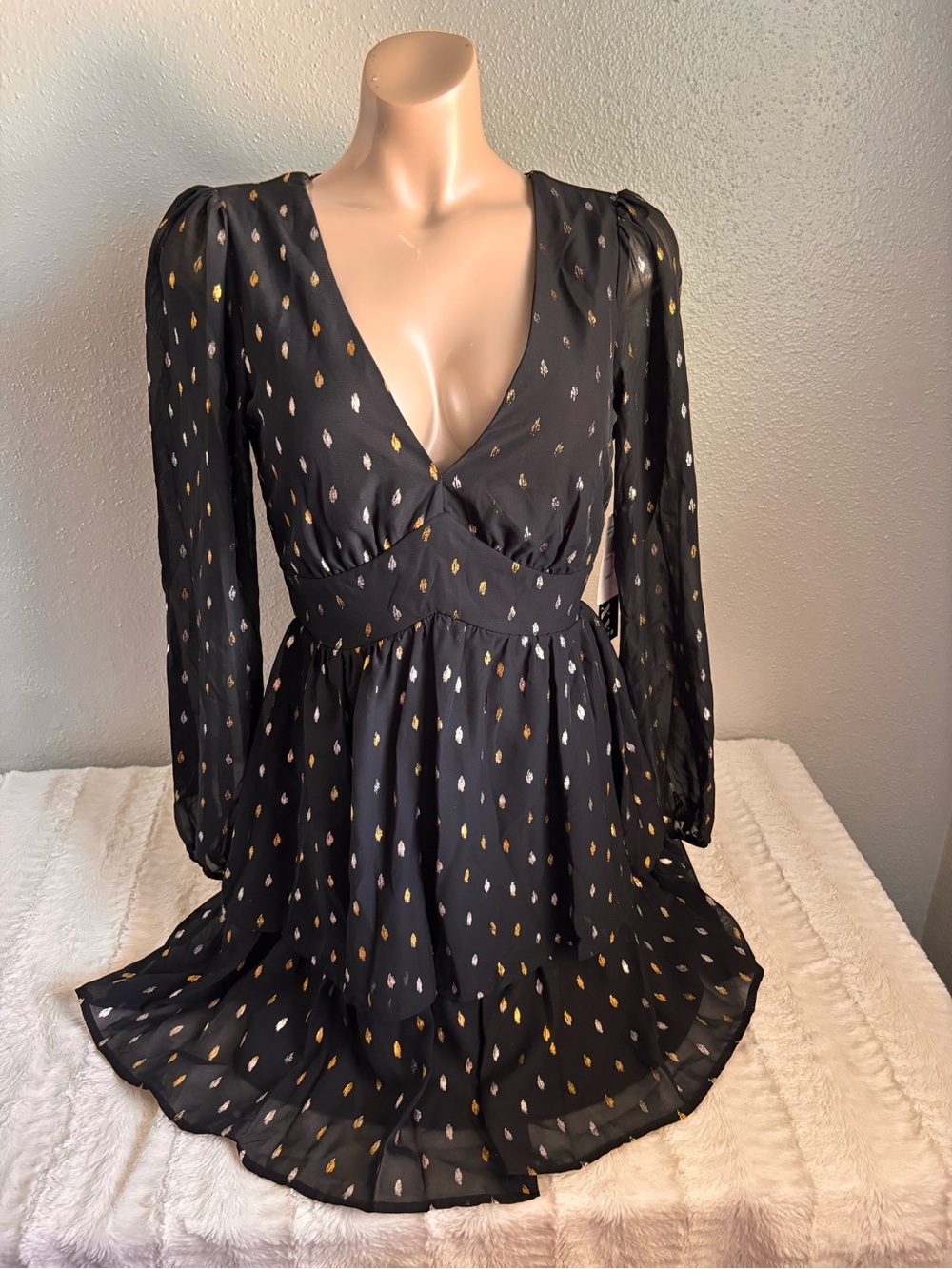 Black Long-Sleeve Mini Dress with Gold & Silver Dot Print Y2K Party NEW